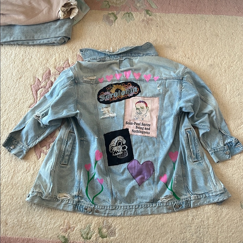 American Eagle Oversized Denim Jacket w Embroidery Recycled Patches Upcycled